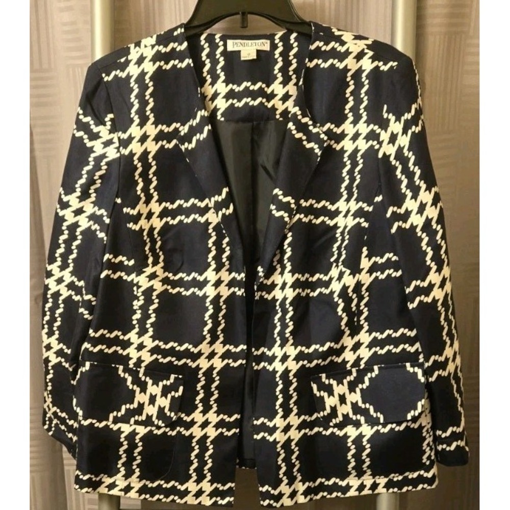 Pendleton Silk Navy Geometric Diamond Open Front Blazer Jacket Size 12 - Picture 2 of 8
